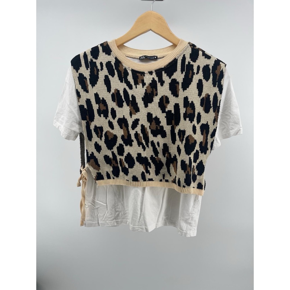 Zara Leopard Print Layered Top Size M Womens Knit Vest Shirt Combo Trendy